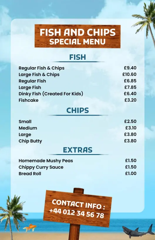 Crispy Fish and Chips Delights with Flavorful Dips Seafood Menu Template