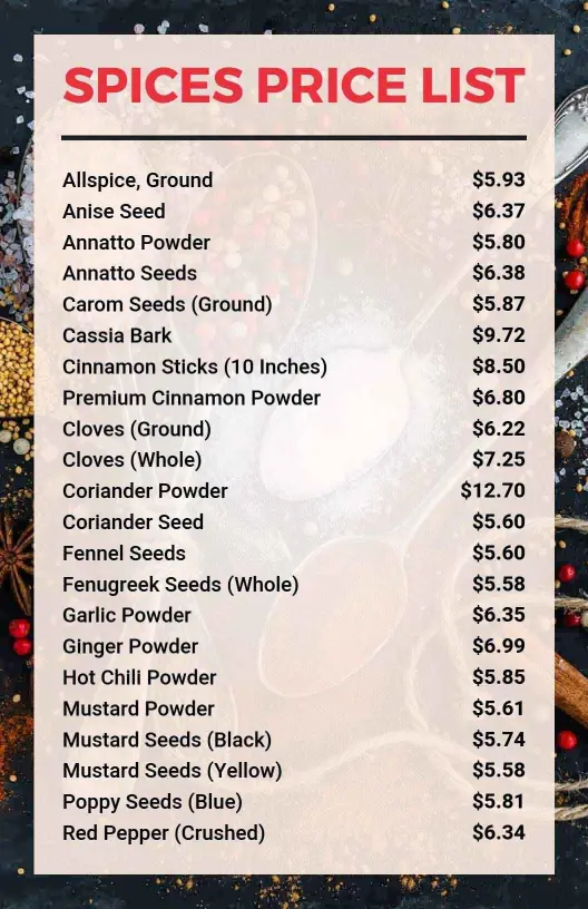 Culinary Black Pepper and Herb Spices Price List Template
