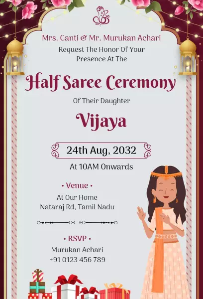 Cultural Half Saree Ceremony Celebration Invitation Template