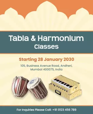 Cultural Music Instrument Classes Tabla and Harmonium Poster Template