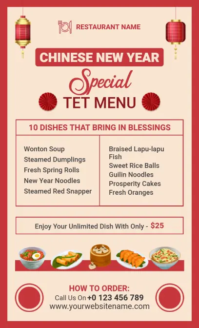 Cultural Red and Gold Chinese New Year Cuisine Menu Template