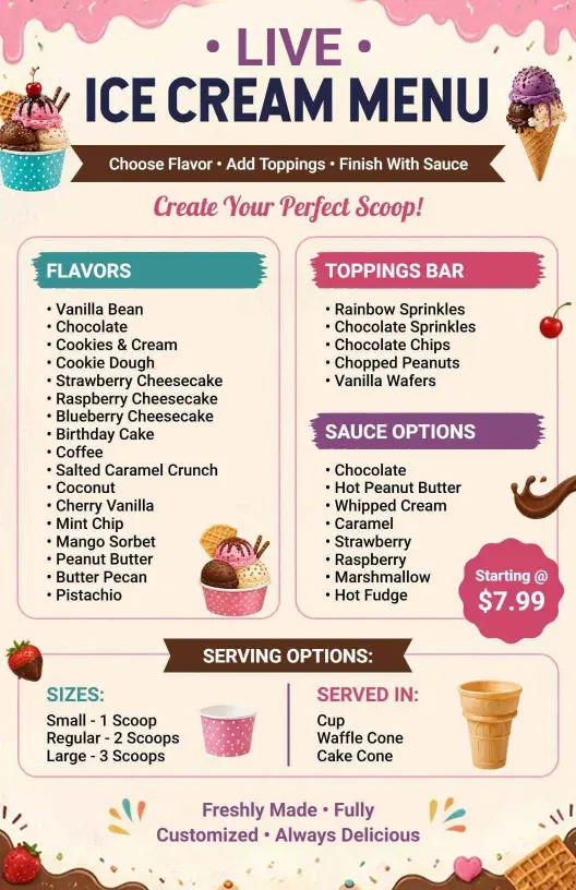 Customizable Flavors and Toppings for a Creative Live Ice Cream Menu Template
