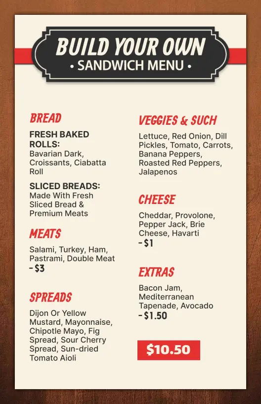 Customizable Fresh Ingredients Build Your Own Sandwich Menu Template