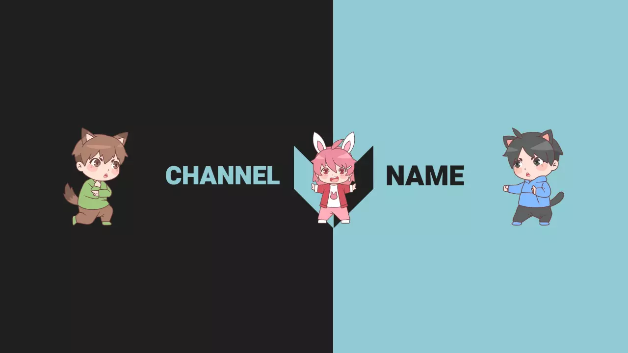 Cute Anime Characters in Black and Aqua YouTube Channel Banner Template
