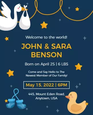 Cute Blue Baby Announcement with Stars and Storks Poster Template