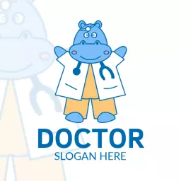 Cute Blue Hippopotamus Character Representing a Doctor Logo Template