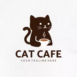 Cute Brown Cat Enjoying Coffee at a Cozy Cat Cafe Logo Template