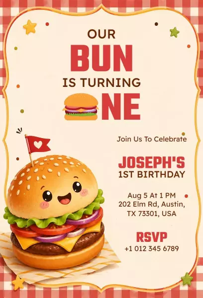 Cute Burger Theme 1st Birthday Celebration Invitation Template