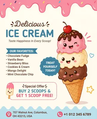 Cute Cartoon Delicious Ice Cream Promotional Flyer Template