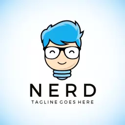 Cute Cartoon Nerd with Blue Hair and Round Glasses Logo Template