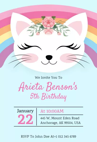 Cute Cat Rainbow 5th Birthday Celebration Invitation Template
