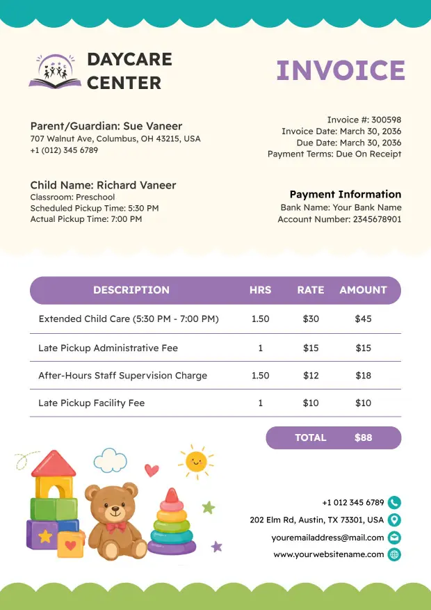 Cute Daycare Service Billing with Pickup Invoice Template
