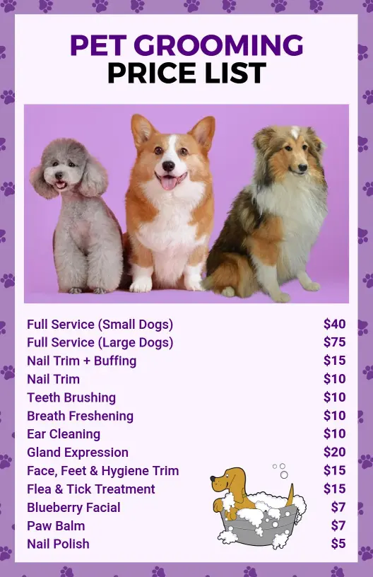 Cute Dog Illustrated Pet Grooming Services Price List Template