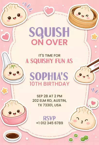 Cute Dumpling Theme 10th Birthday Celebration Invitation Template