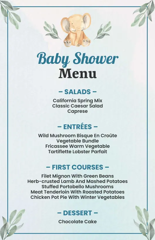 Cute Elephant and Pastel Leaves Baby Shower Menu Template