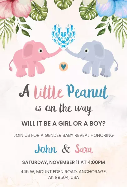 Cute Elephant Themed Gender Reveal Celebration Invitation Template