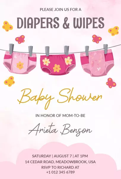Cute Floral Diapers Wipes Baby Shower Invitation Template