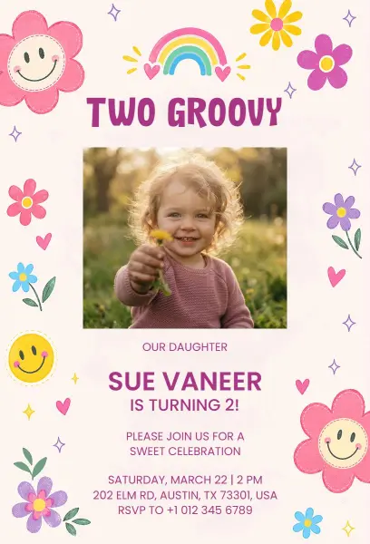Cute Floral Rainbow Theme 2nd Birthday Celebration Invitation Template