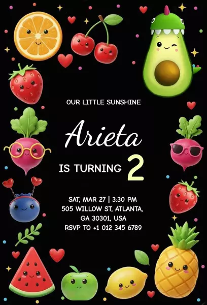 Cute Fruit Theme 2nd Birthday Celebration Invitation Template