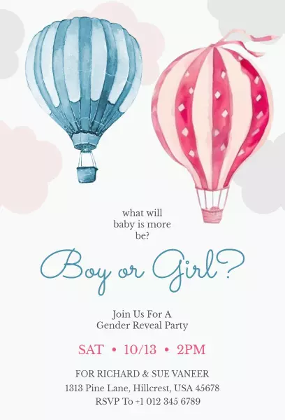 Cute Hot Air Balloon Gender Reveal Celebration Invitation Template