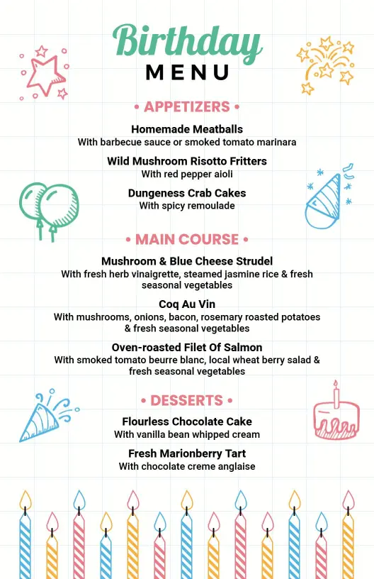 Cute Illustrated Icons for Birthday Party Menu Template