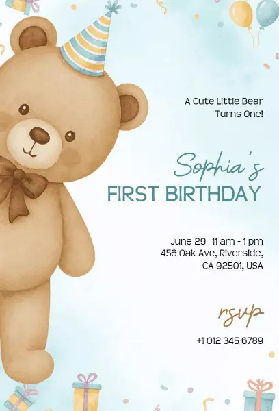 Cute Little Bear 1st Birthday Celebration Invitation Template