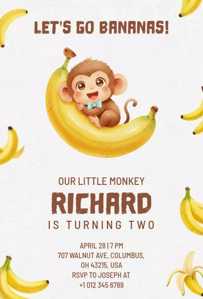 Cute Monkey Theme 2nd Birthday Party Celebration Invitation Template