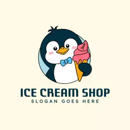 Cute Penguin Enjoying a Sweet Ice Cream Cone Logo Template