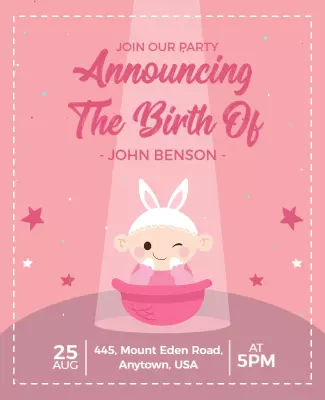 Cute Pink Baby Announcement Birth Party Poster Template