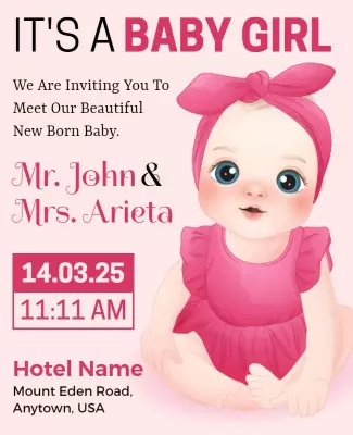 Cute Pink Baby Girl Invitation Announcement Poster Template