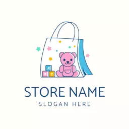 Cute Pink Bear and Colorful Bag for Toy Shop Logo Template