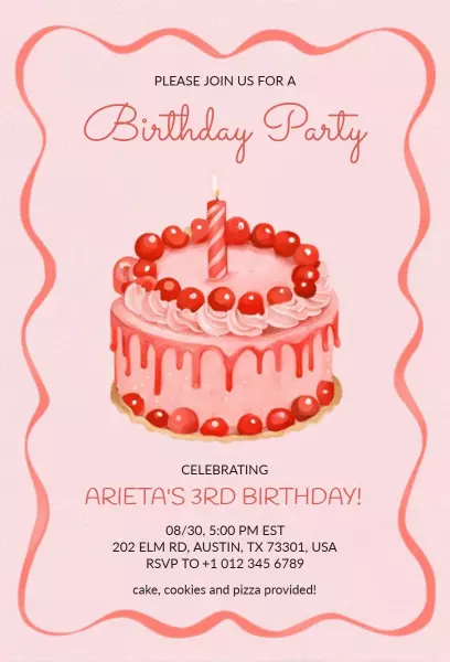 Cute Pink Cake 3rd Birthday Party Celebration Invitation Template