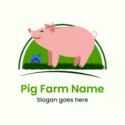Cute Pink Pig on a Green Farm with Charming House Logo Template