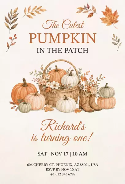 Cute Pumpkin Patch Fall Birthday Celebration Invitation Template