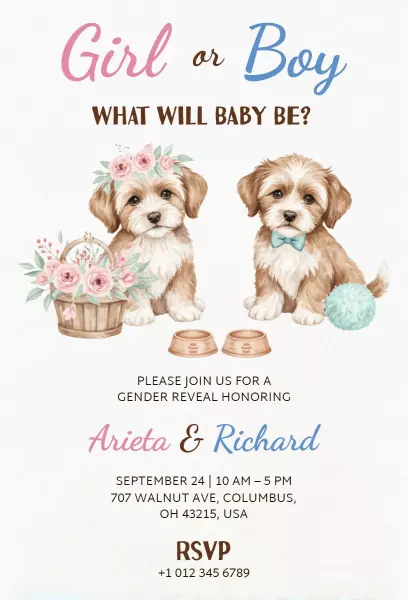 Cute Puppy Theme Gender Reveal Celebration Invitation Template