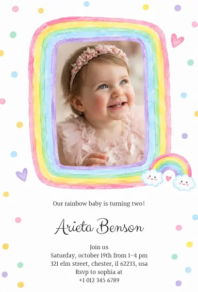 Cute Rainbow-Themed Toddler 2nd Birthday Invitation Template