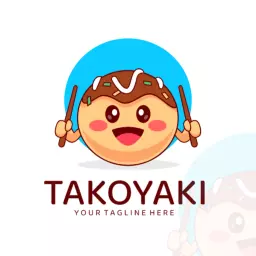 Cute Smiling Takoyaki Character with Bright Blue Background Logo Template