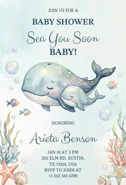 Cute Whale Ocean Theme Baby Shower Invitation Template