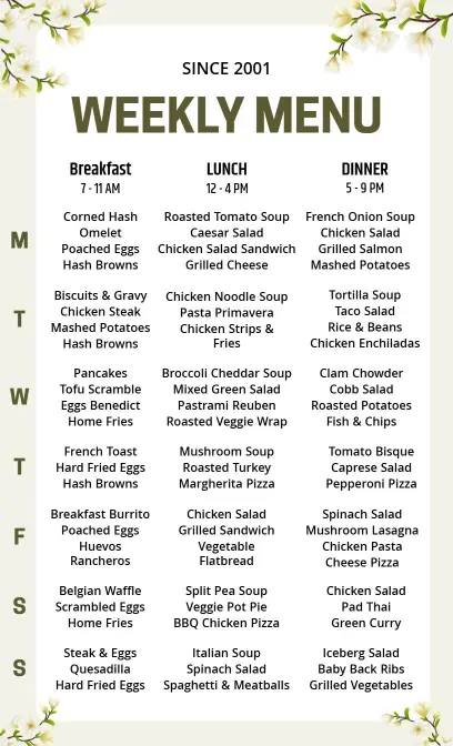 Daily Breakfast Lunch and Dinner Selections Weekly Menu Template