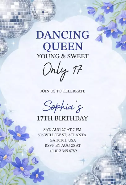 Dancing Queen Floral 17th Birthday Celebration Invitation Template