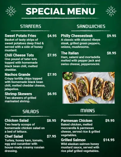 Dark Green Chalkboard Style Restaurant Menu Template
