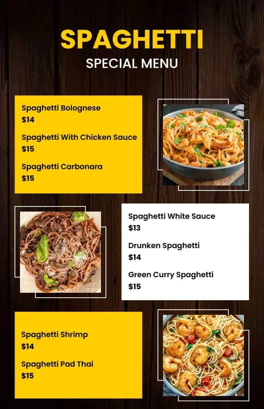 Dark Wood Theme Creative Spaghetti Menu Template