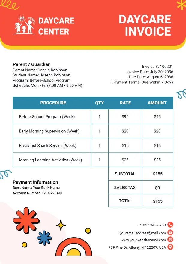 Daycare Attendance and Weekly Educational Plan Billing Invoice Template