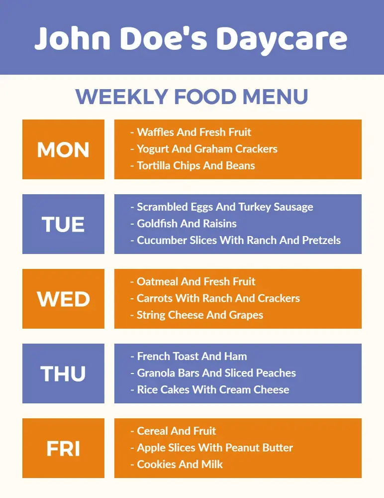 Daycare Nutritional Weekly Meal Plan Menu Template