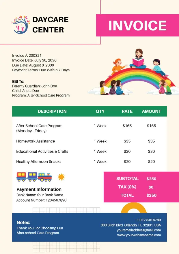 Daycare Service Billing for After-School Program Invoice Template