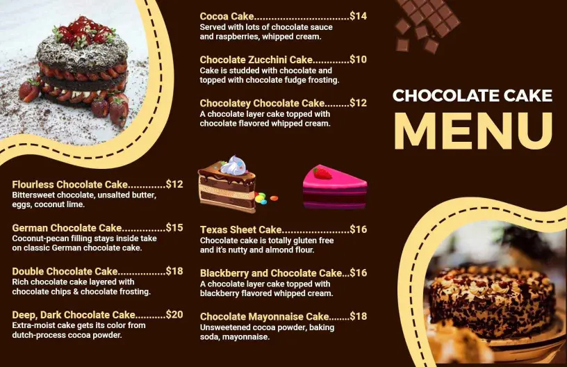 Decadent Cakes and Desserts Featuring Rich Chocolate Flavors Menu Template