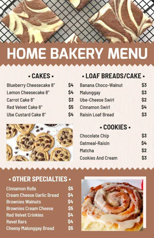 Decadent Cakes and Tasty Breads with Sweet Cookies Bakery Menu Template