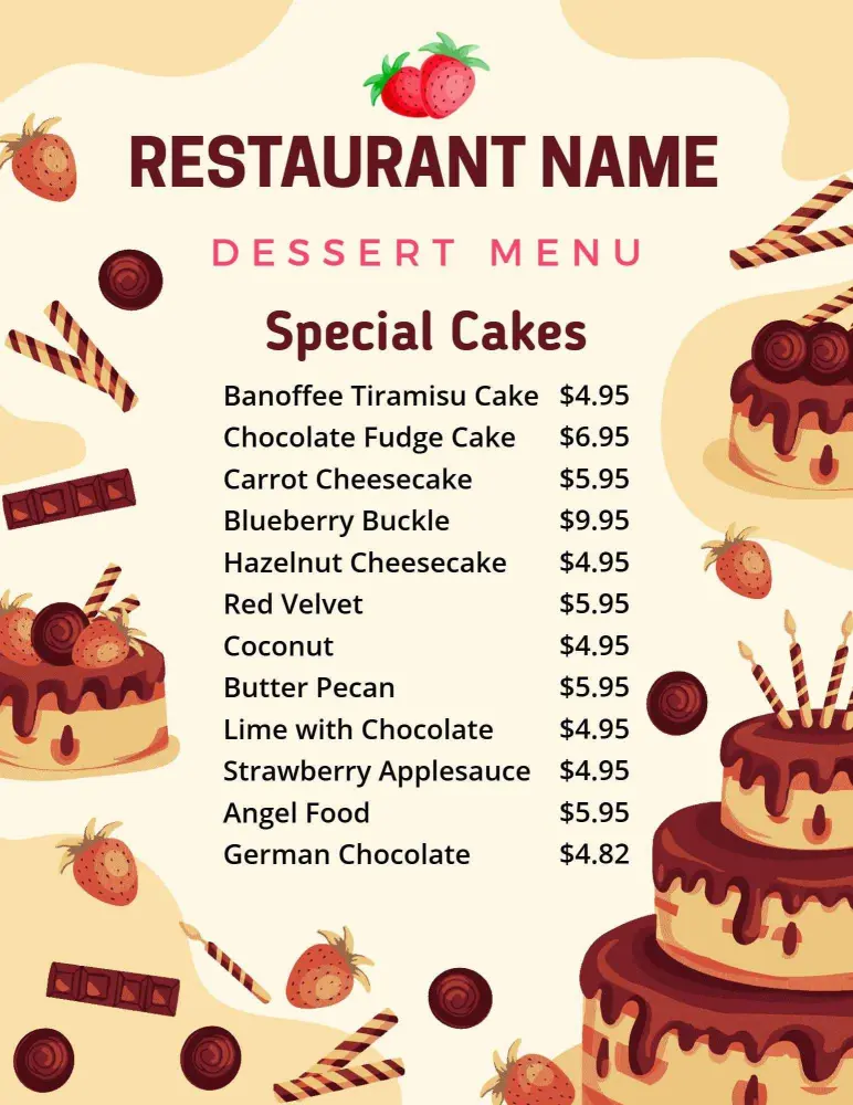Decadent Cheesecake and Cake Selections for Every Sweet Tooth Dessert Menu Template