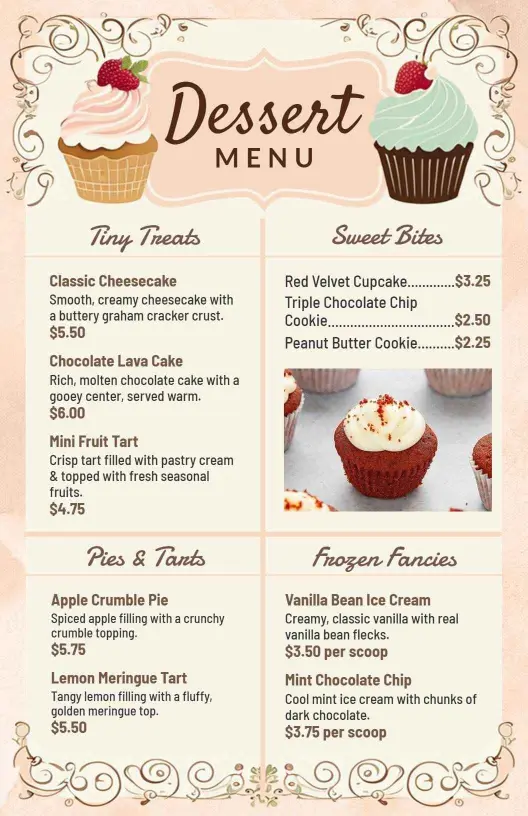 Decadent Cheesecake and Chocolate Treats Variety Dessert Menu Template