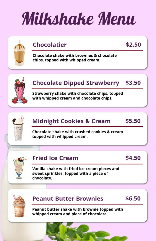 Decadent Chocolate and Creamy Strawberry Milkshake Drink Menu Template
